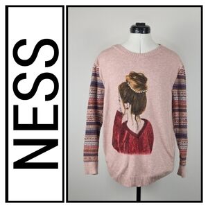 Ness pink women’s sweater graphic girl motif – size L – cozy knit